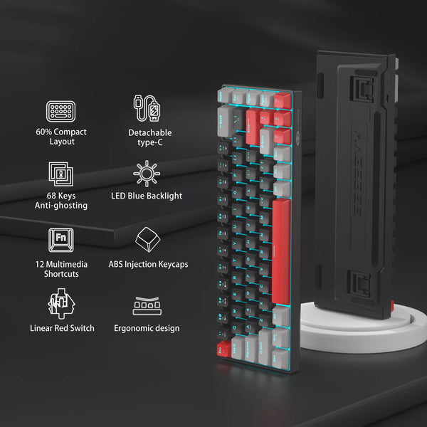 A portable mechanical keyboard with a compact layout, featuring LED backlighting and detachable type-C cable.
