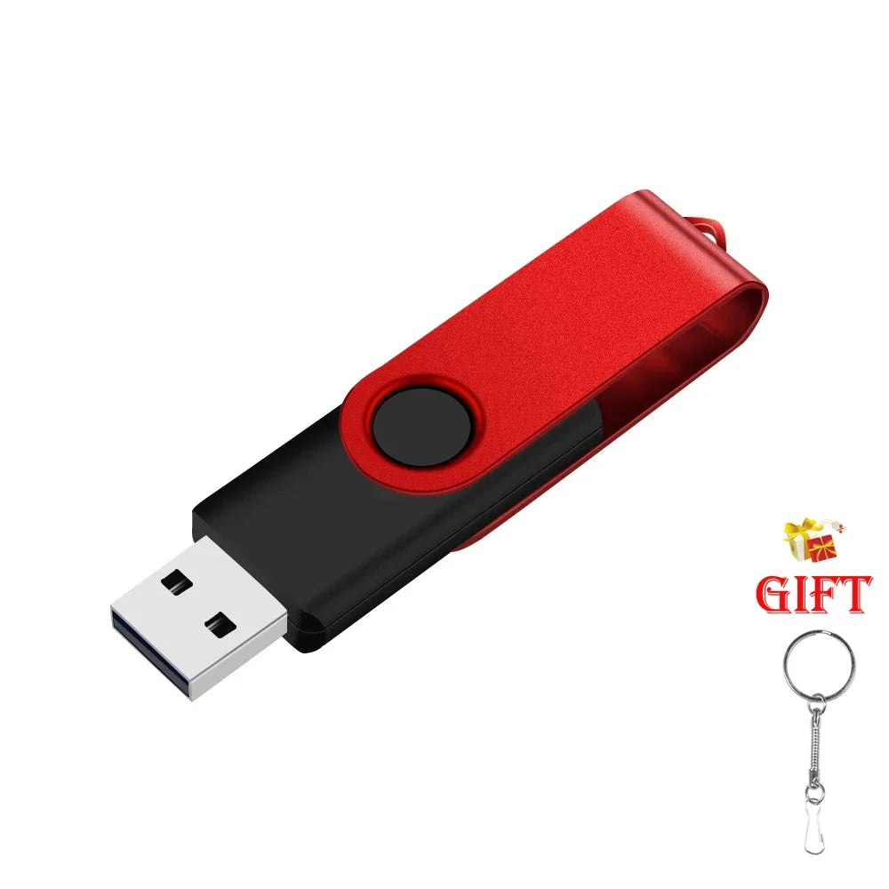 A red and black high-capacity USB flash drive with a metal keyring attached.