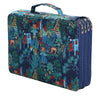 A dark blue pencil case with a vibrant jungle and cityscape pattern, featuring multiple compartments.