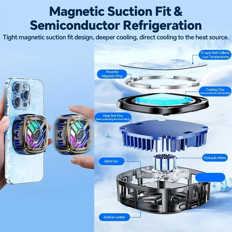Enfriador de teléfono magnético con succión, ventilador RGB y disipador de calor para refrigeración de semiconductores.