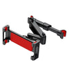 A black flexible car headrest mount with red accents designed to hold tablets and phones.