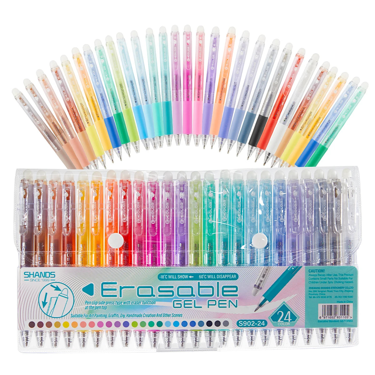 A set of multicolor erasable gel pens arranged in a semi-circle on a white background.