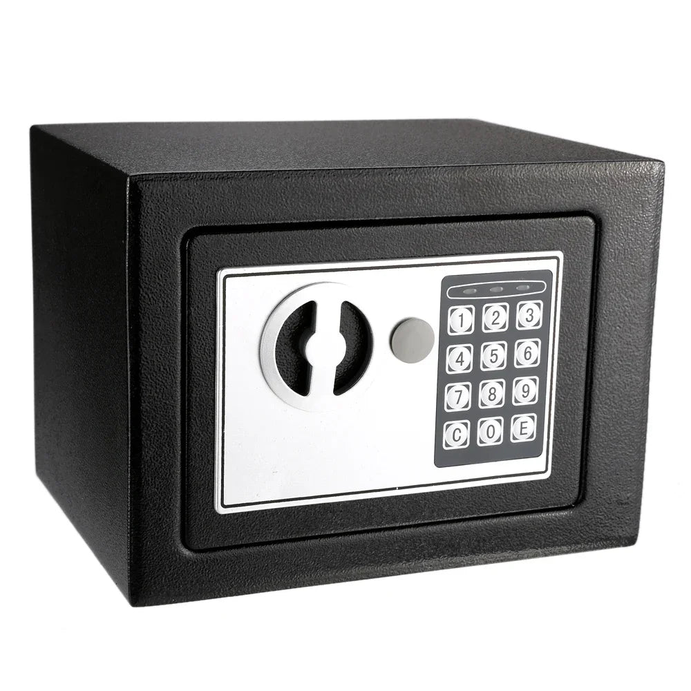 A black digital lock safe box with a keypad and a circular turn knob.