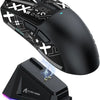 A black high-performance wireless gaming mouse and its accompanying illuminated charging pad are shown.