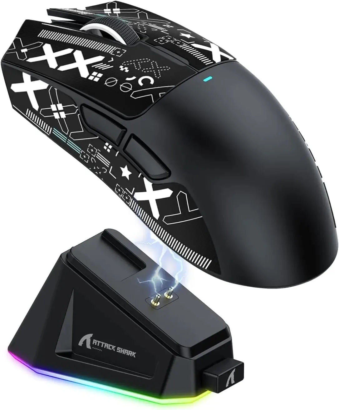 A black high-performance wireless gaming mouse and its accompanying illuminated charging pad are shown.
