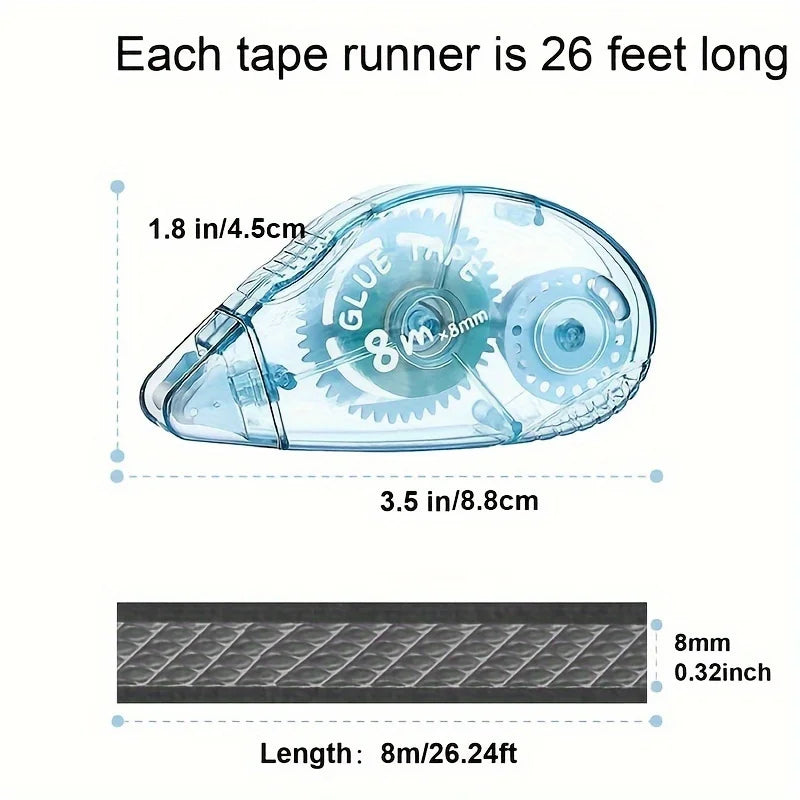 A clear double-sided adhesive tape roller with a 1.8 inch width and an 8 meter length.