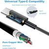 Vista cercana de un adaptador de corriente USB-C con cable de cobre puro e indicador LED para cargar dispositivos.