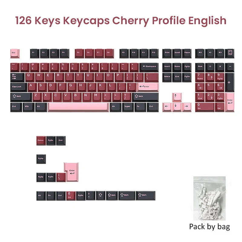 A set of 126 keyscaps with Cherry profile in various colors for mechanical keyboards.