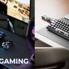 A split image showing an aluminum mechanical keyboard in a gaming setup and an office setting.