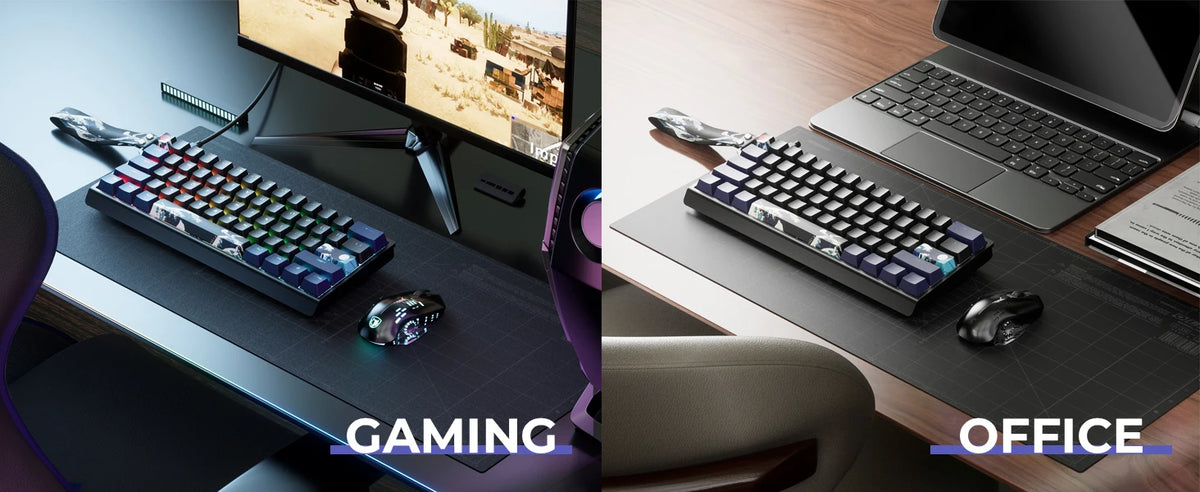 A split image showing an aluminum mechanical keyboard in a gaming setup and an office setting.
