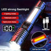 A tactical LED flashlight with a digital power display and telescopic zoom feature, showing a bright beam.