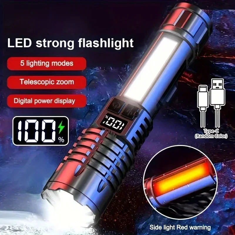 A tactical LED flashlight with a digital power display and telescopic zoom feature, showing a bright beam.
