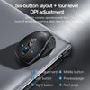 A black ergonomic mouse is shown on a silver laptop, illustrating its six-button layout and four-level DPI adjustment feature