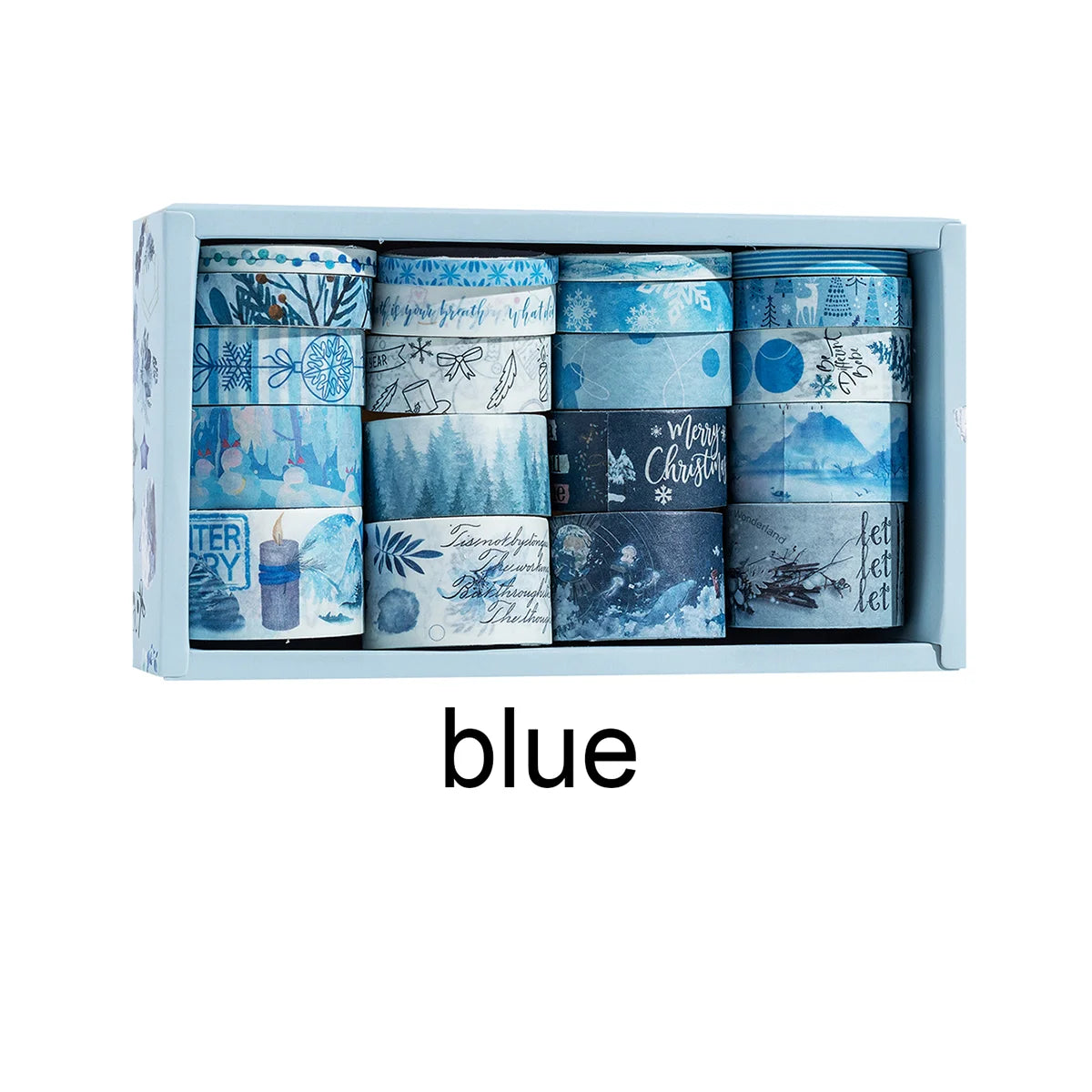 A box of blue oil painting themed decorative washi tape rolls in various patterns and designs.