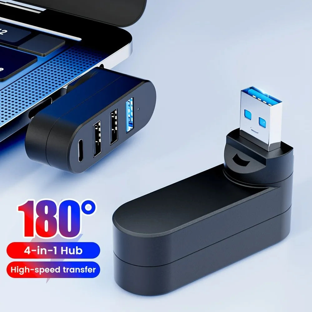 A black 4-in-1 USB hub with four ports is shown next to a device, highlighting its high-speed transfer capability and 180 deg