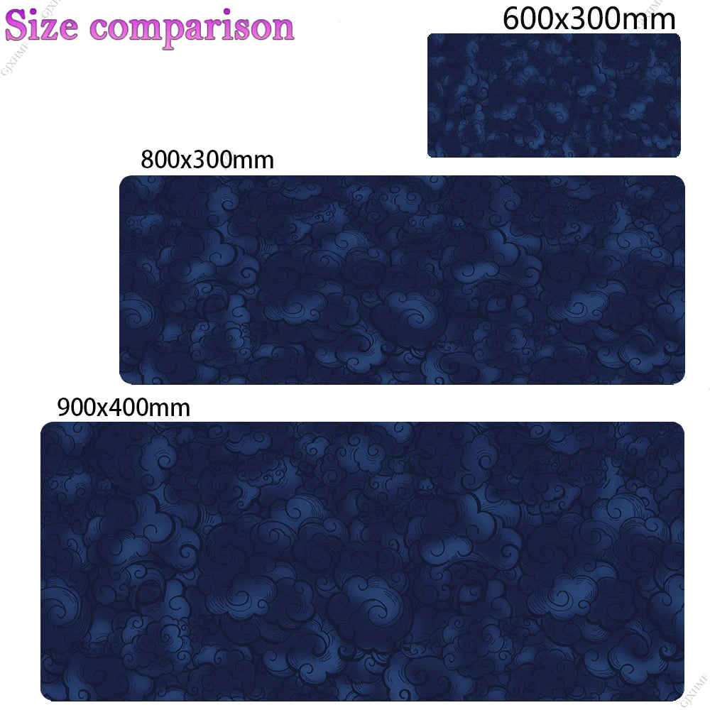 Comparación de tres tamaños de tapetes anti-deslizantes para escritorio: 600x300mm, 800x300mm y 900x400mm.
