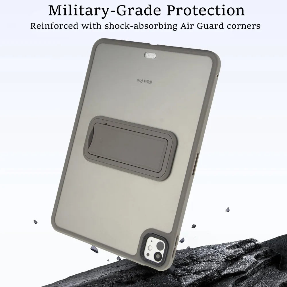 A matte protective case for an iPad Pro is shown with shock-absorbing corners, resting on a dark surface.