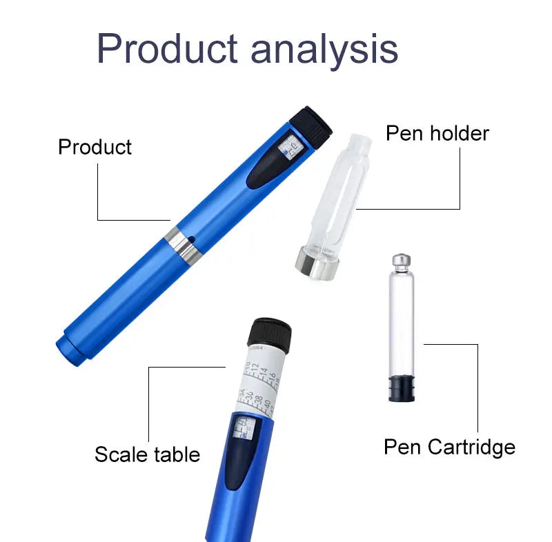 A blue reusable injection pen is shown alongside its components: a pen holder, a clear cartridge, and a scale table.