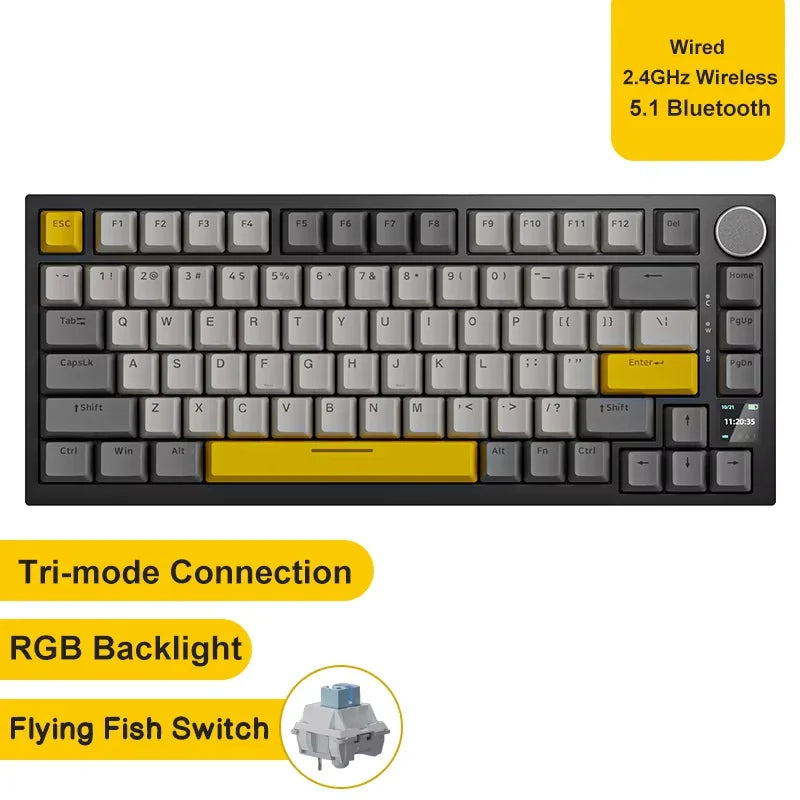 A black mechanical keyboard featuring a full layout, RGB backlight, and a flying fish switch.