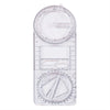 A clear plastic multifunctional geometric drawing ruler with 360° rotating angles and various measurement scales.