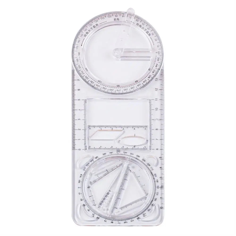 A clear plastic multifunctional geometric drawing ruler with 360° rotating angles and various measurement scales.