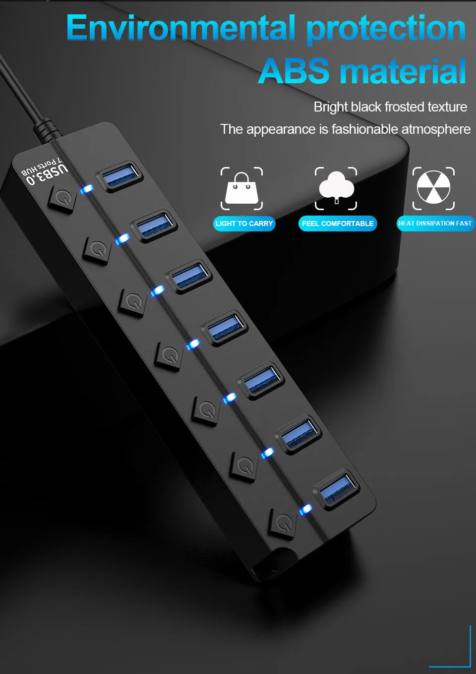 A black ABS material 7-port USB 3.0 hub extender with blue LED lights is shown on a dark surface.