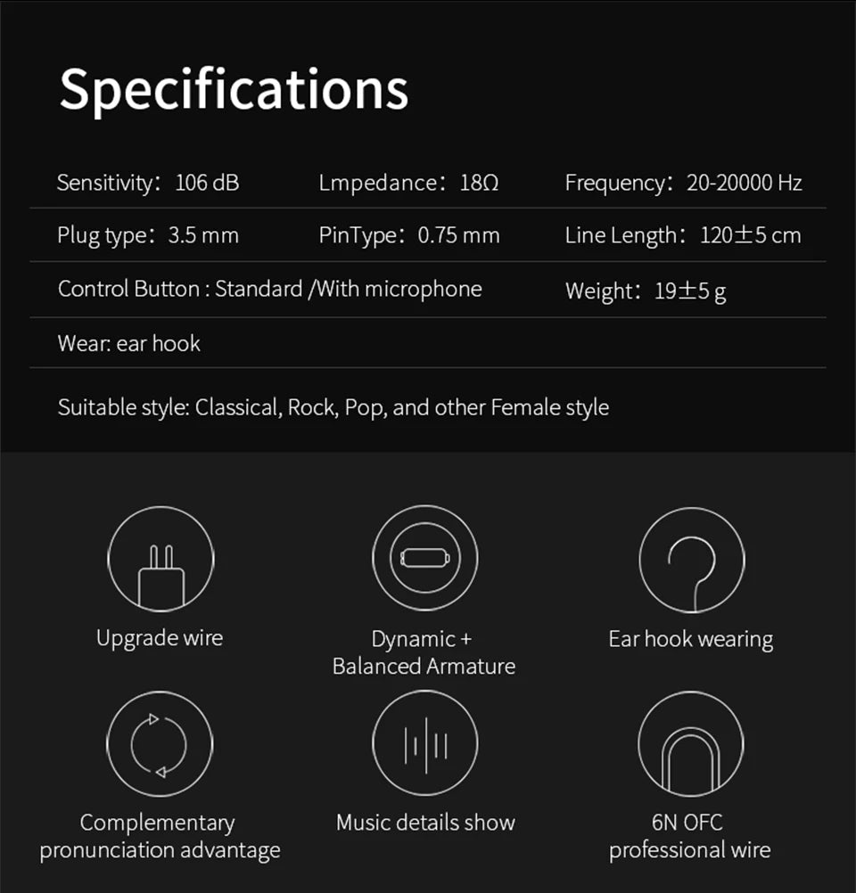 Specifications list for KZ Dynamic Driver wired headphones including sensitivity impedance frequency and weight details
