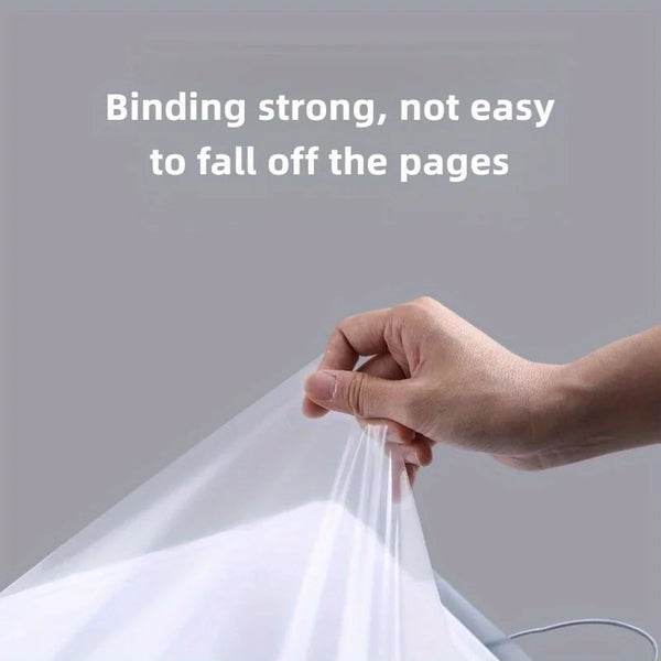 A hand is holding and demonstrating the strong binding of a white A4 folder with six pockets for document organization.