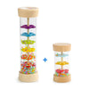 A wooden rain sound tube musical instrument with colorful plastic drops inside.
