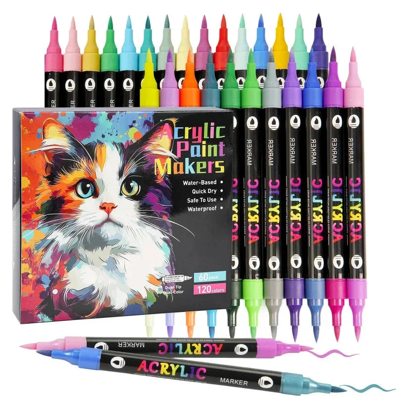 A set of dual-tip acrylic paint markers featuring colorful tips and a cat illustration on the packaging.
