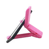 A pink foldable adjustable tablet stand designed to hold devices like iPads and phones.