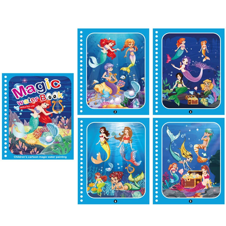 A set of six pages from a Magic Water Book featuring colorful illustrations of magical girls and aquatic scenes.