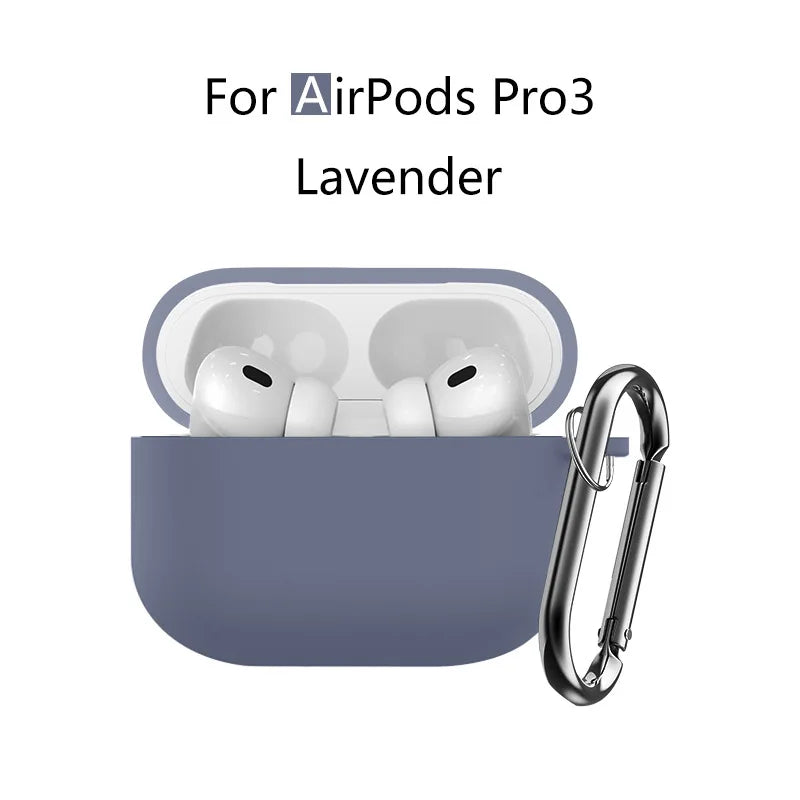 A lavender silicone protective case with a keychain for AirPods Pro 3 earbuds.