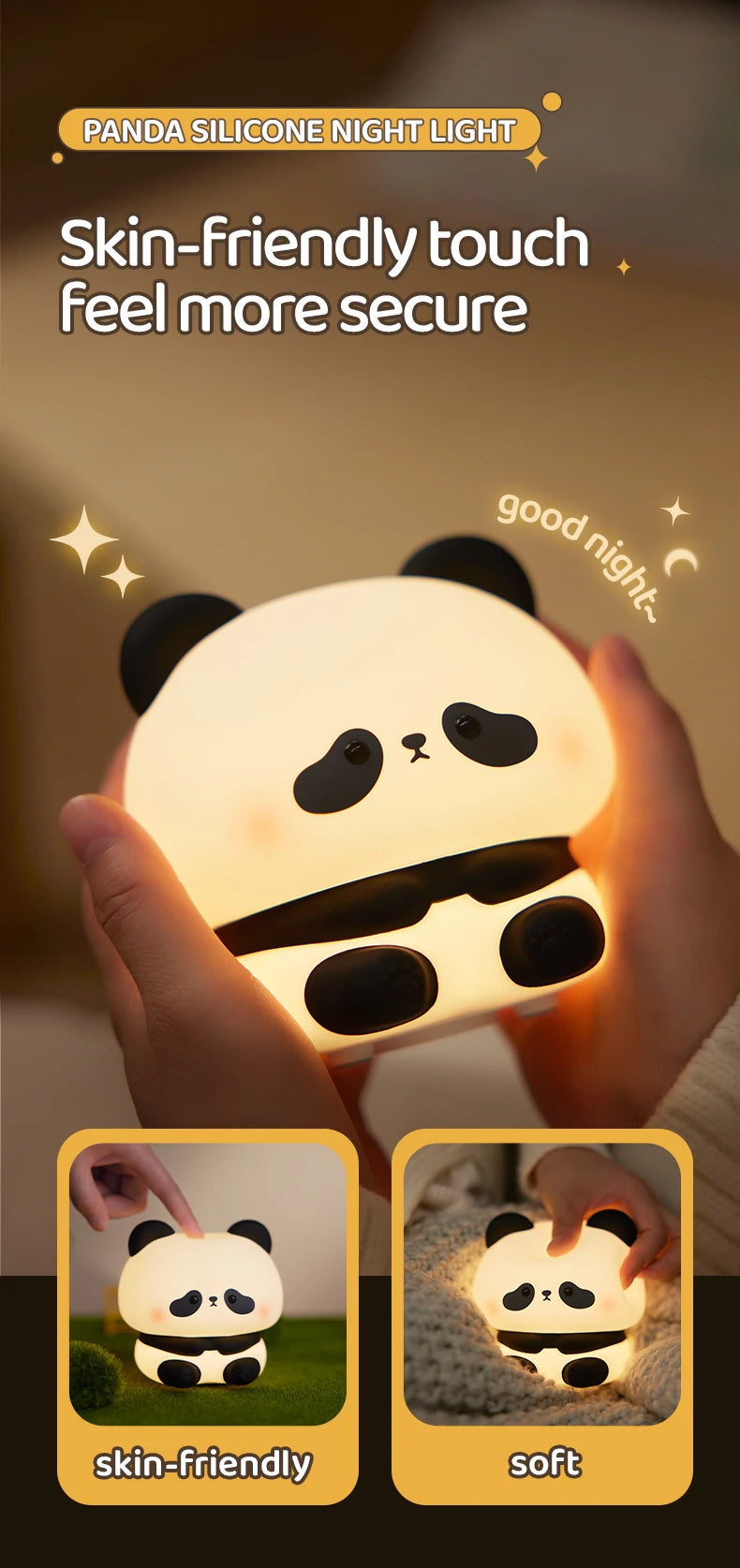 Hands hold a glowing panda silicone night light demonstrating its skin-friendly and soft features.