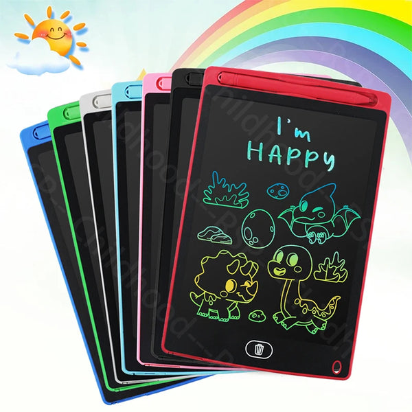 A stack of black and colored LCD writing tablets with neon green drawings on the screen.