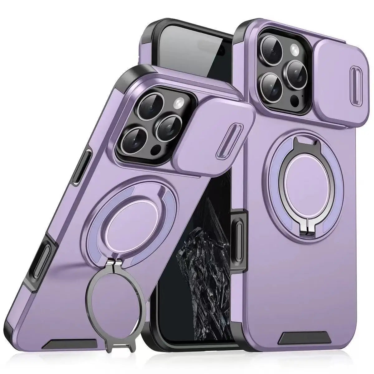 A purple sliding camera lens protection phone case with a kickstand shown from the back.