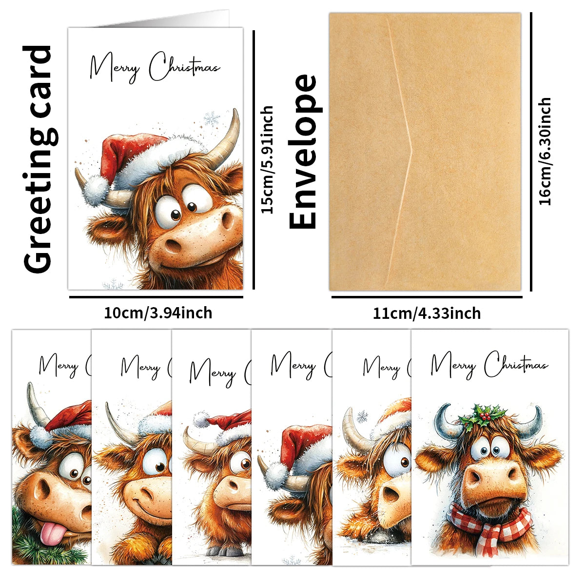 A set of twelve adorable highland cow greeting cards featuring various expressions and seasonal themes.
