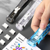 A hand is holding a blue mini reusable hand clamp stapler, showing the device and its components.