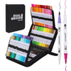 A black portable brush marker set with 36 vibrant colored pens and a separate dual-tip marker shown in an open case.