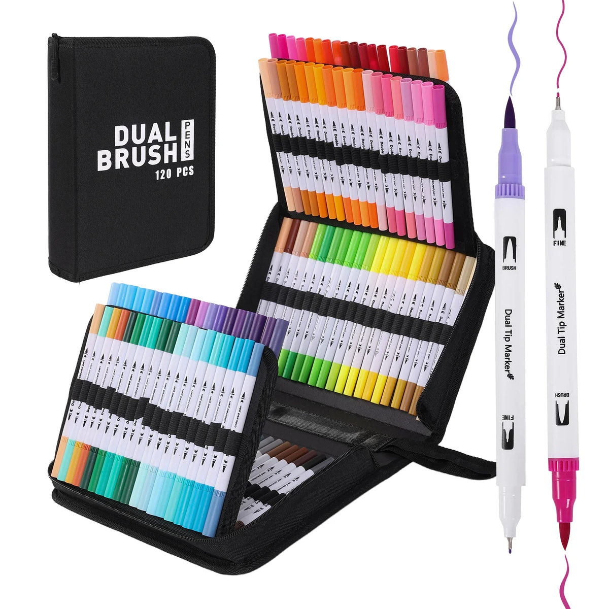 A black portable brush marker set with 36 vibrant colored pens and a separate dual-tip marker shown in an open case.