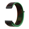 A dark brown and green nylon loop watch strap for a kids' watch.