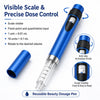 A blue reusable beauty dosage pen with a visible scale and precise dose control features.