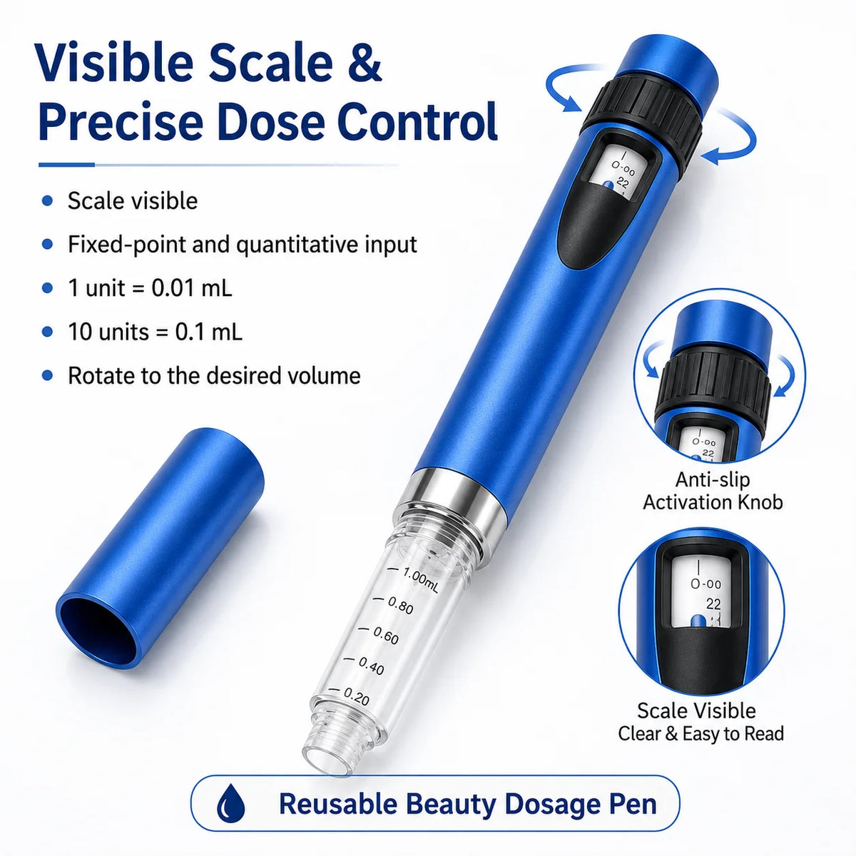 A blue reusable beauty dosage pen with a visible scale and precise dose control features.