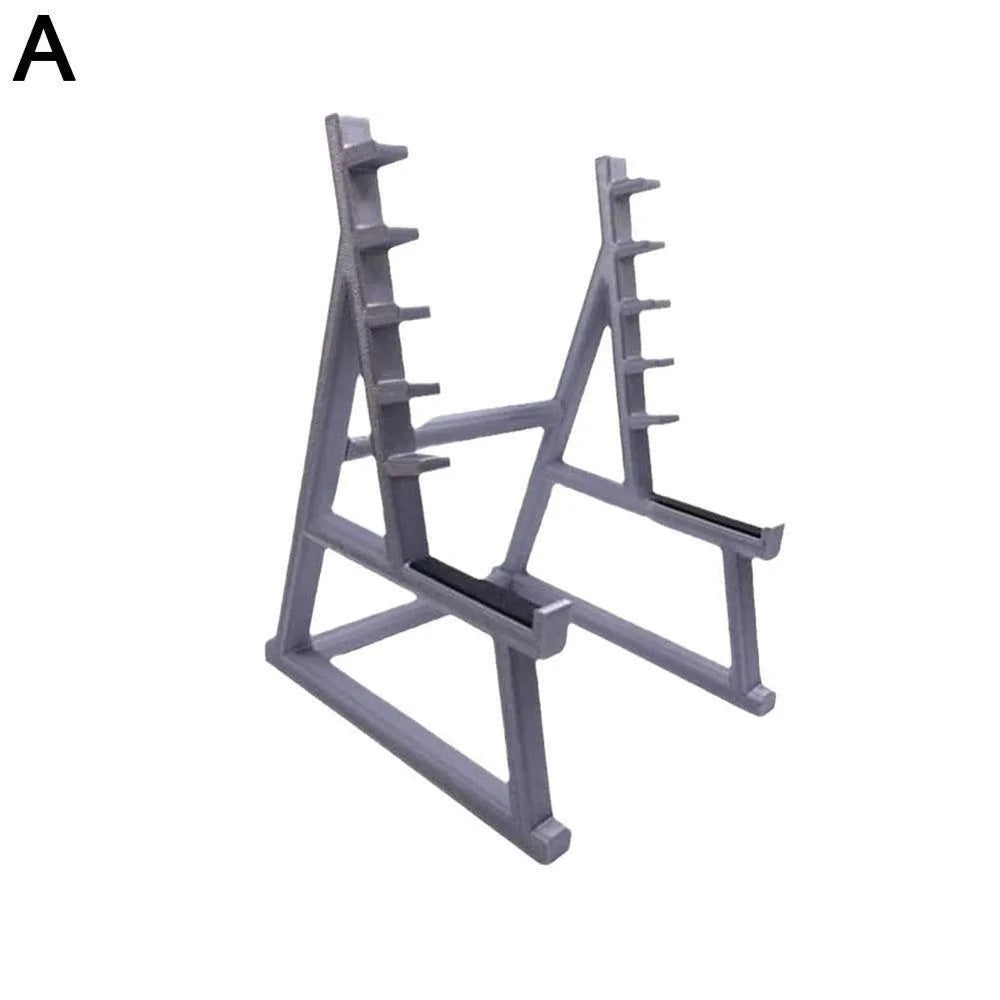A gray barbell rack desk pen holder organizer with a triangular frame and multiple slots.