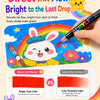 A hand draws a colorful rainbow with an ink flow marker on a canvas, demonstrating bright and even color.