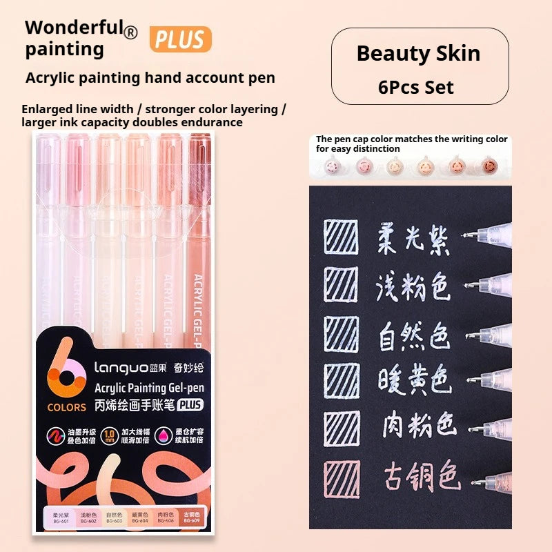A set of six multi-color acrylic painting gel pens with corresponding ink colors and tips.