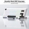 A close-up view of a white mechanical keyboard featuring double-shot PBT keycaps and black switches.