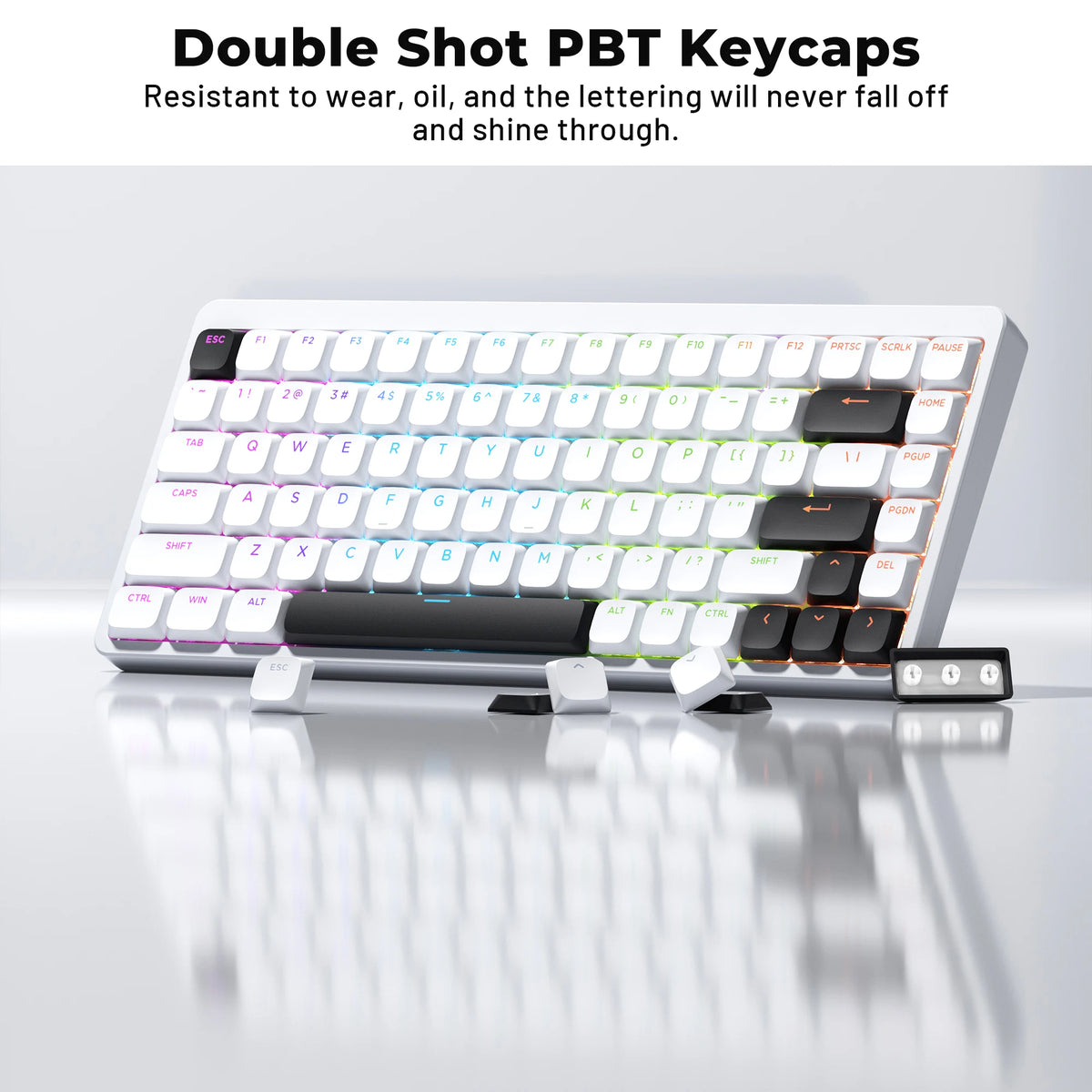 A close-up view of a white mechanical keyboard featuring double-shot PBT keycaps and black switches.