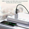 A USB C charger and cable are shown connecting a smartphone to a power adapter for fast charging.