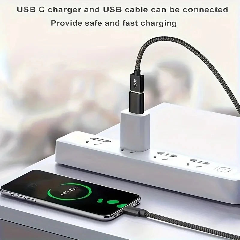 A USB C charger and cable are shown connecting a smartphone to a power adapter for fast charging.